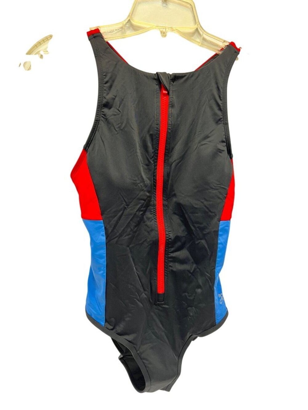 Womens Athletic One-Piece Swimsuit With Front Zip In Black Red & Blue - Small
